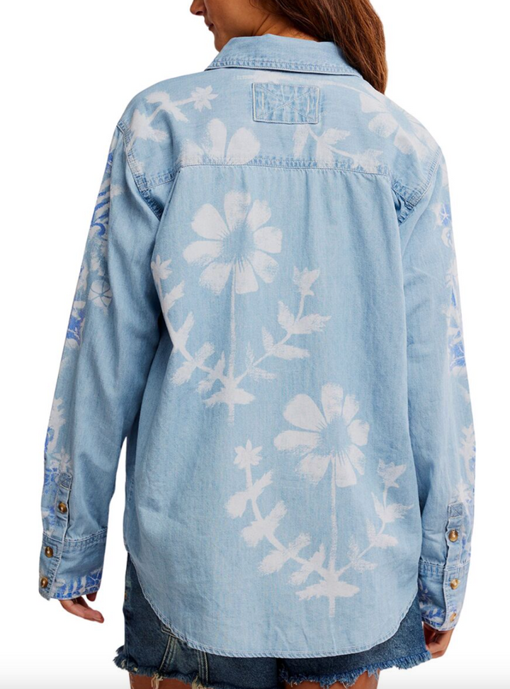 Airbrushed Blossom Denim Shirt - Sky Blue Medium Indigo