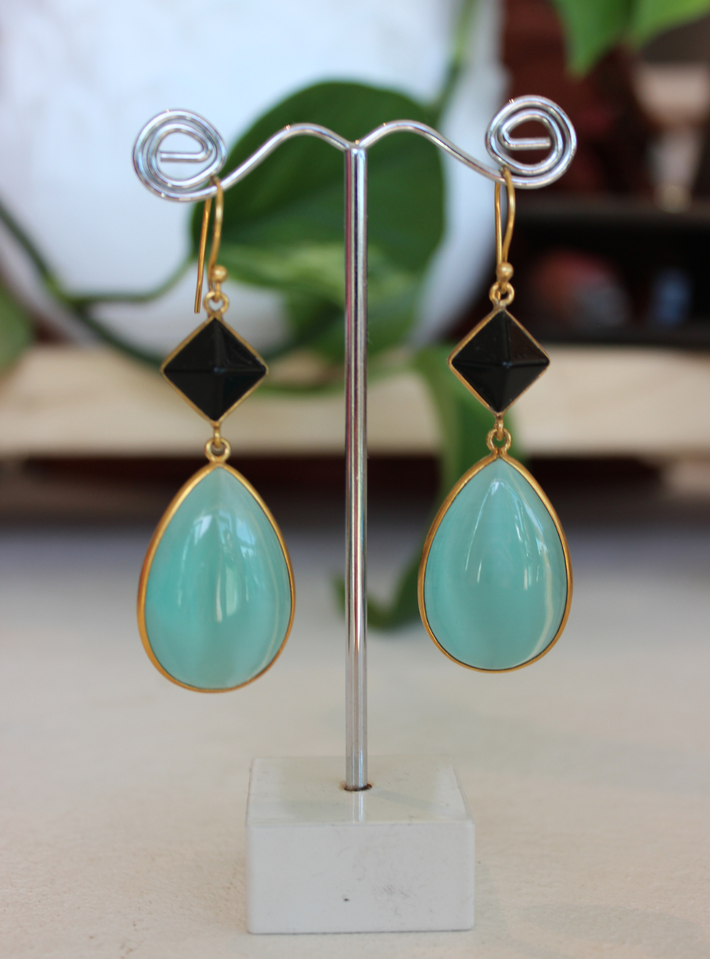 Black Onyx/Aqua Chalcedony Earrings