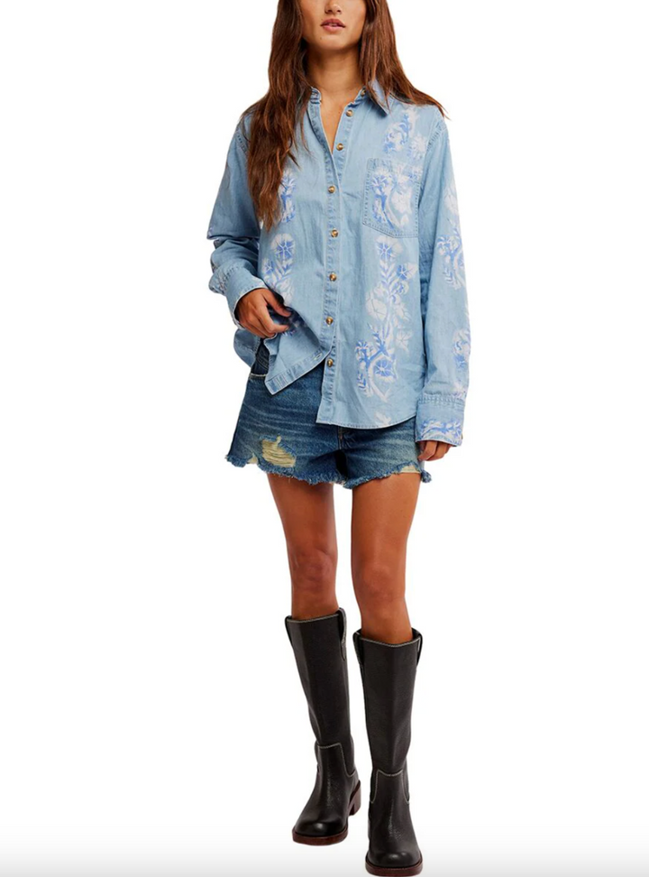 Airbrushed Blossom Denim Shirt - Sky Blue Medium Indigo