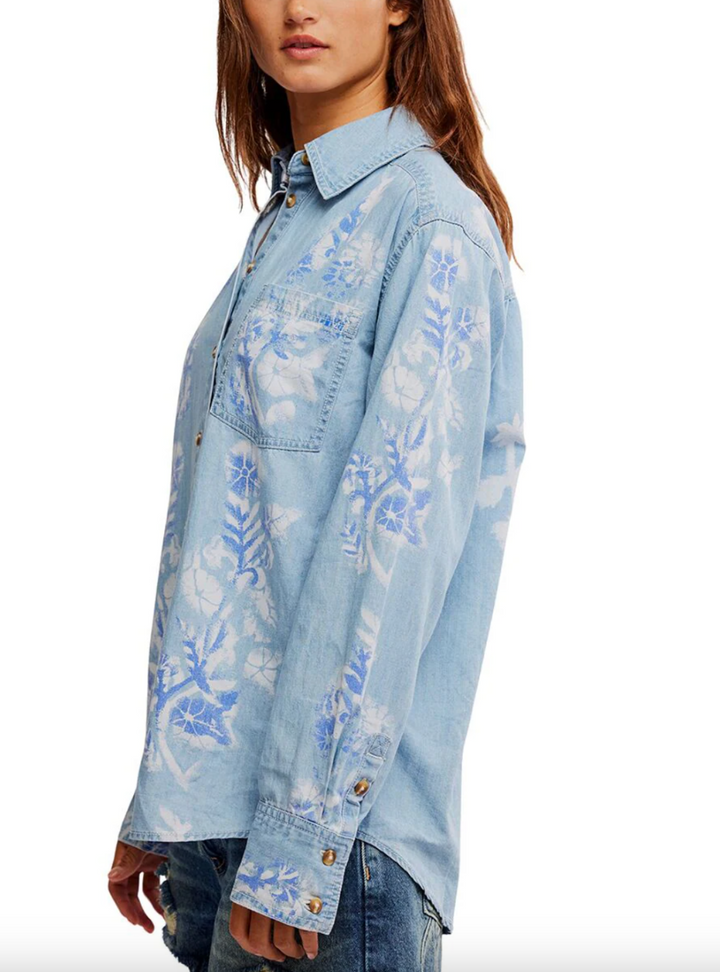 Airbrushed Blossom Denim Shirt - Sky Blue Medium Indigo