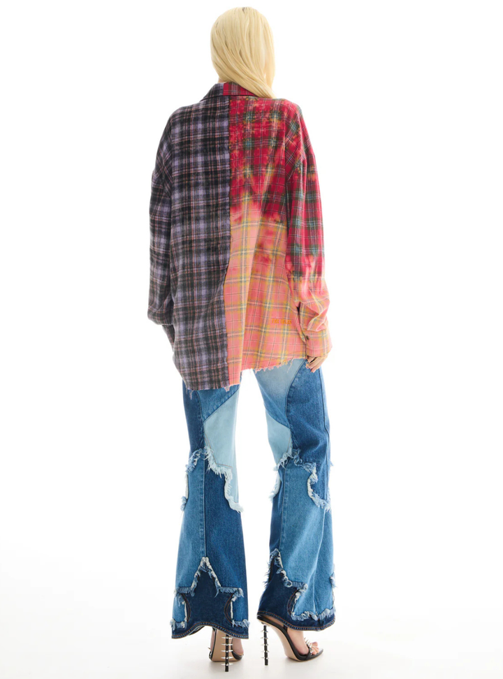 Half And Half Flannel Washed Shirt - Purple/Red