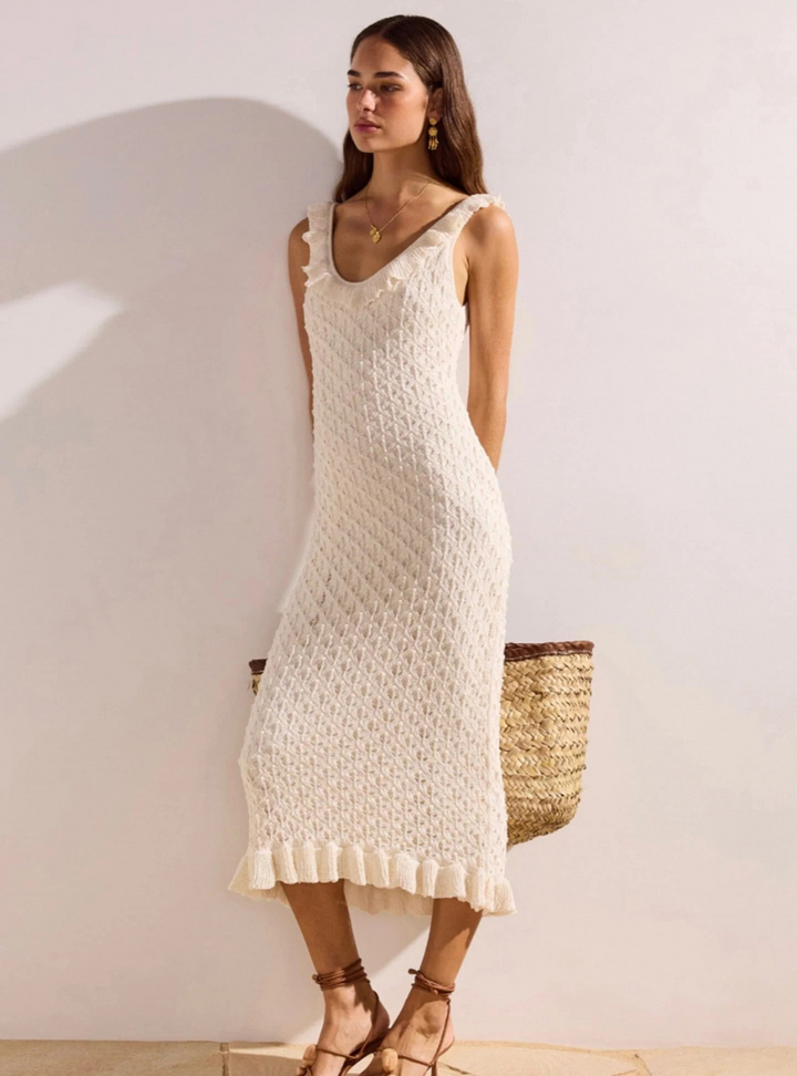 Sabine Pointelle Midi Dress - Ivory