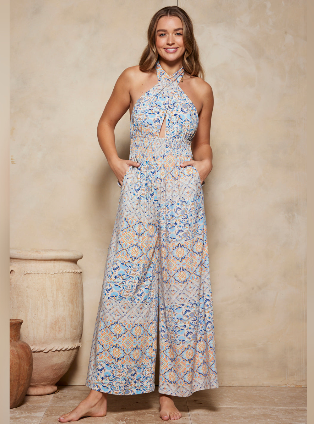Azalia Poppy Halter Jumpsuit - Cobalt Ornate