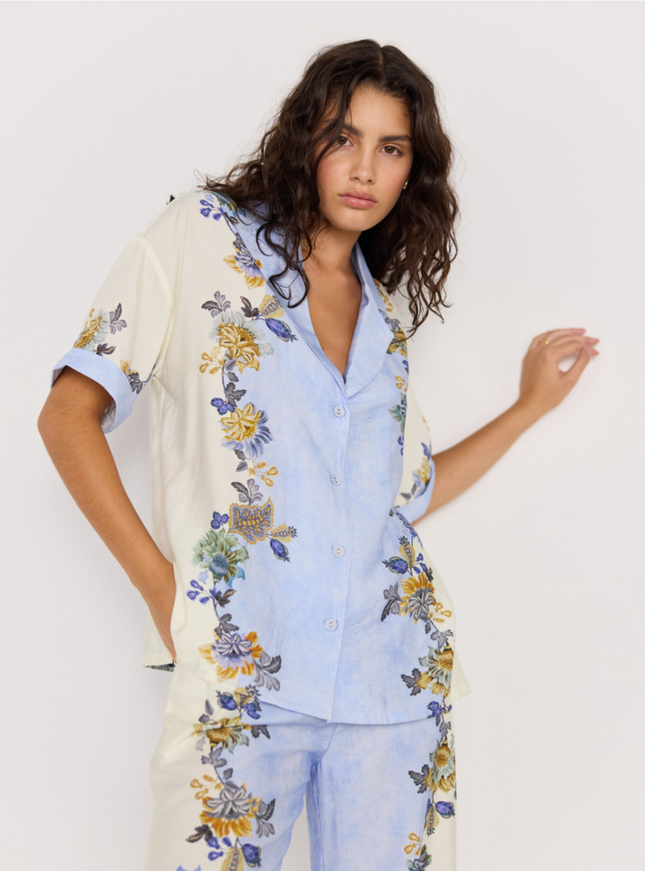 Lucia Resort Shirt - Blue & Cream Floral