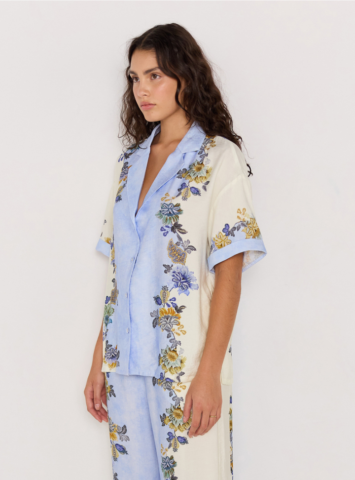 Lucia Resort Shirt - Blue & Cream Floral