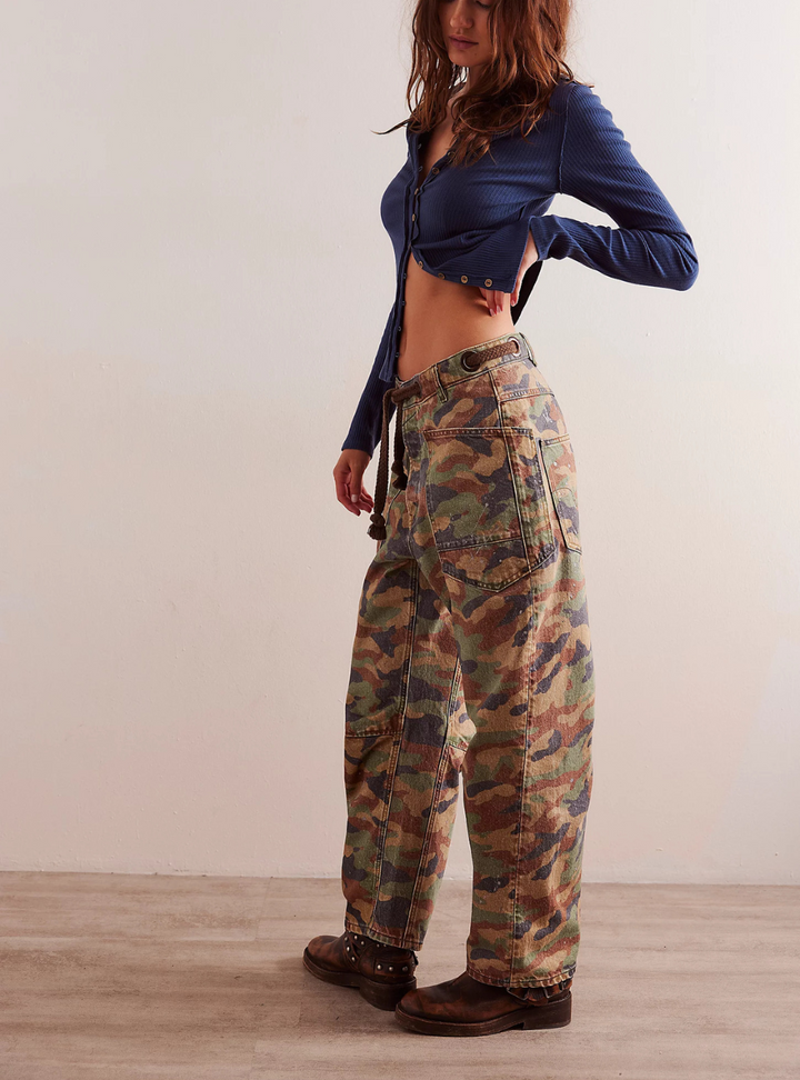 Moxie Printed Low Slung Barrel Jeans - Green Multi Combo