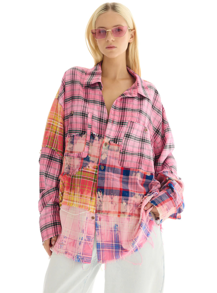 Half And Half Reworked Flannel Shirt - Pink