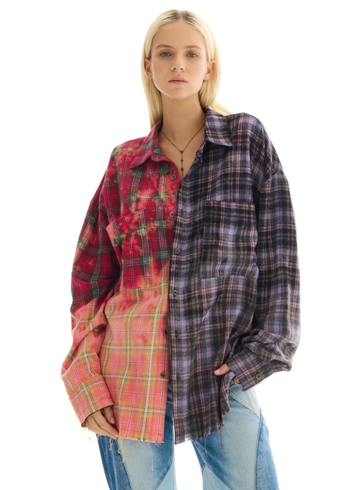 Half And Half Flannel Washed Shirt - Purple/Red