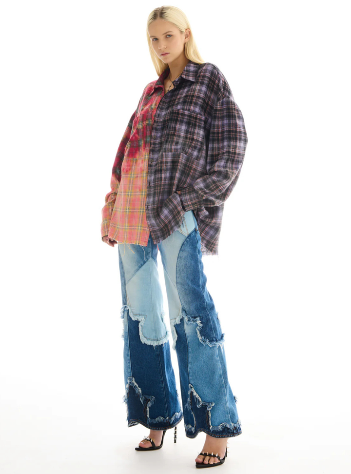 Half And Half Flannel Washed Shirt - Purple/Red