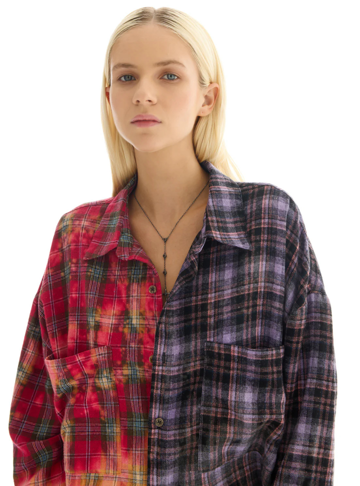 Half And Half Flannel Washed Shirt - Purple/Red