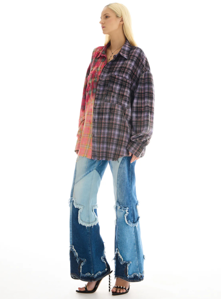 Half And Half Flannel Washed Shirt - Purple/Red