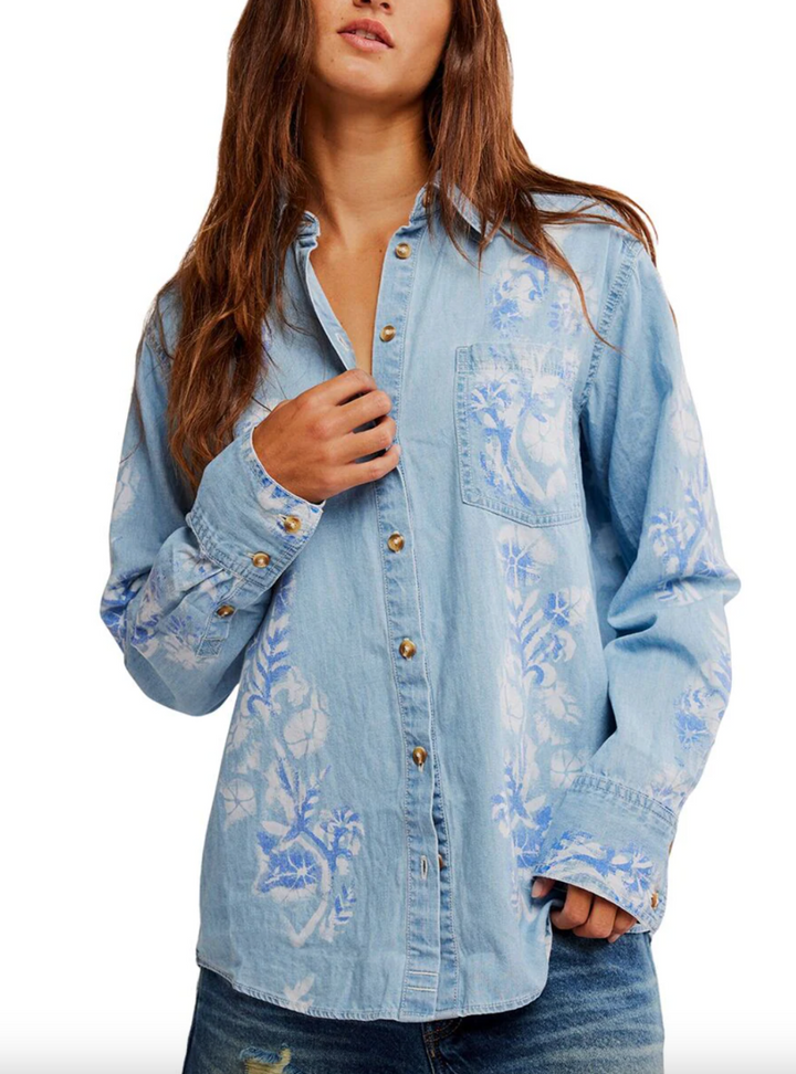 Airbrushed Blossom Denim Shirt - Sky Blue Medium Indigo