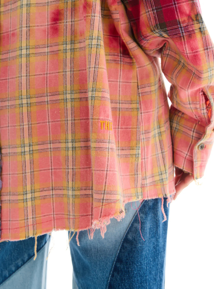 Half And Half Flannel Washed Shirt - Purple/Red