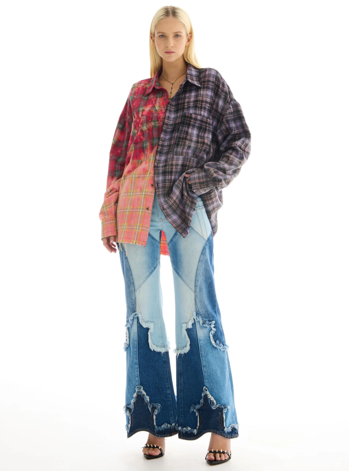 Half And Half Flannel Washed Shirt - Purple/Red