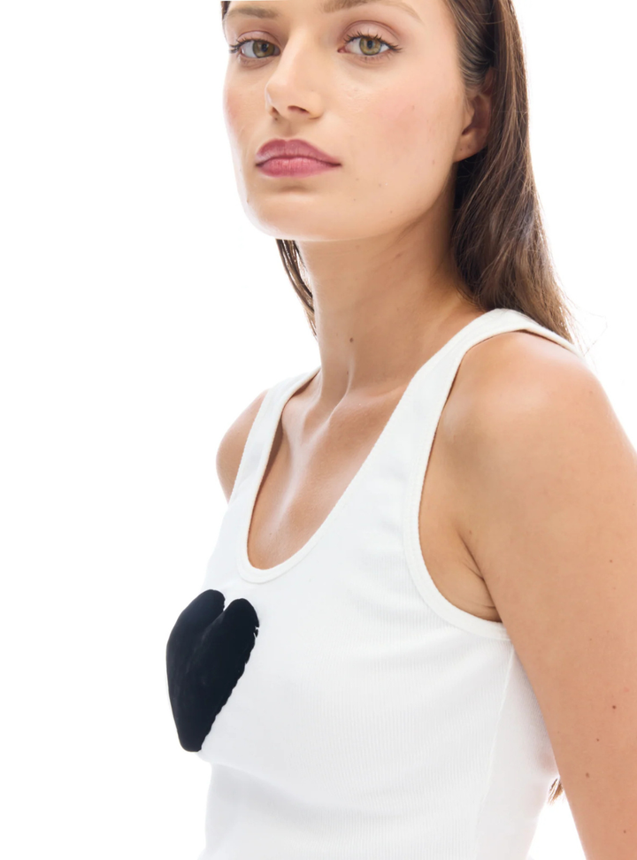 We Love 3D Velvet Heart Singlet - White & Black