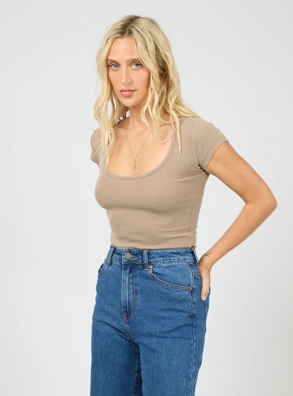 Washed Rib Scoop Neck Tee - Stone