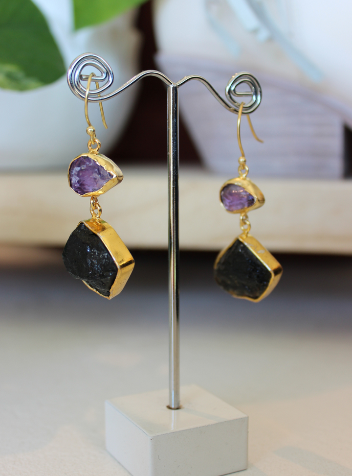 Amethyst/Obsidian Earrings Gold Plated