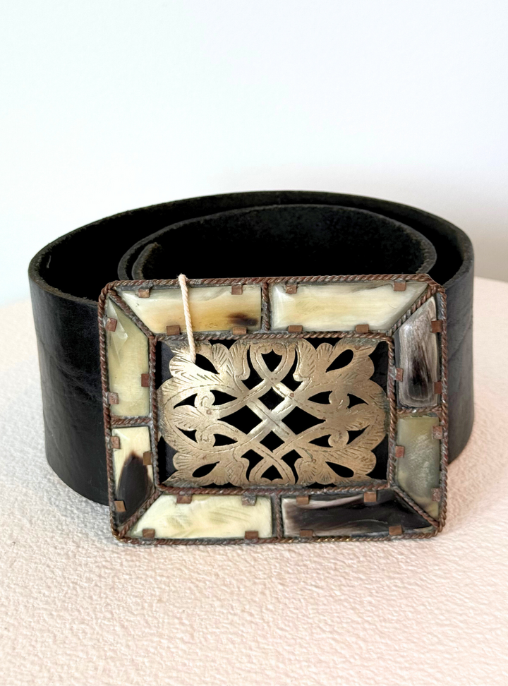 Aziza Wide Peasant Belt Bone Filigree Buckle - Black