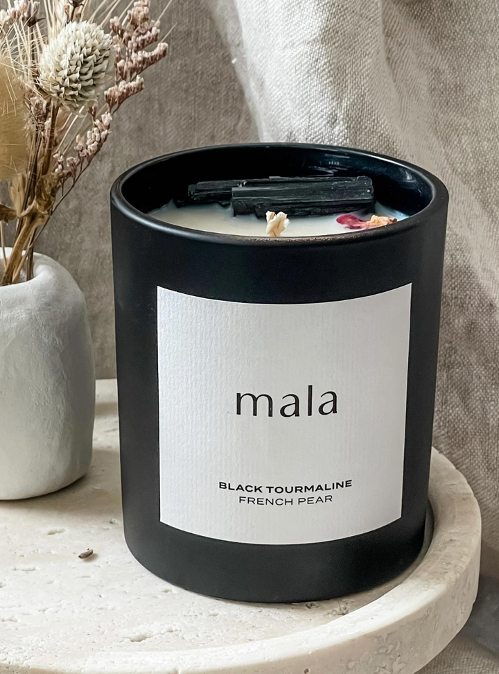 Crystal Infused Black Tourmaline Candle - French Pear