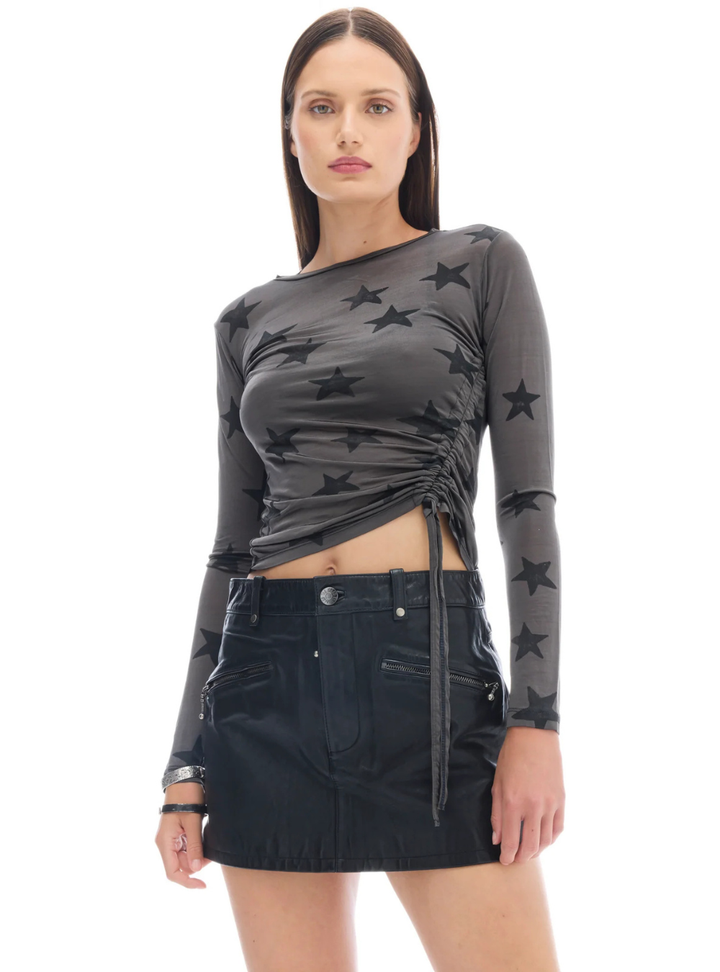 Black Star Mesh Ruched Longsleeve Top - Charcoal