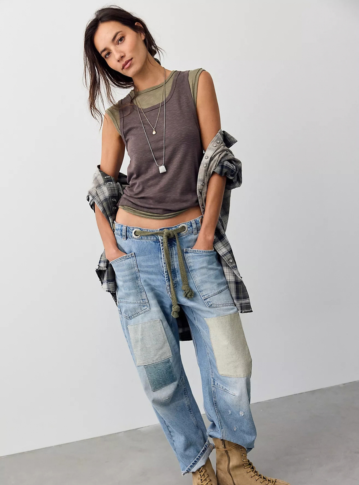 Free People Moxie Pull-On Barrel Jeans - Truest Blue