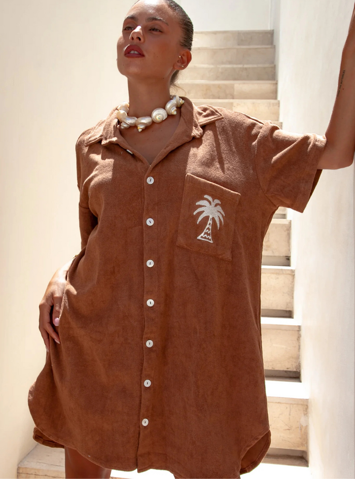 Terry Shirt Dress - Brown