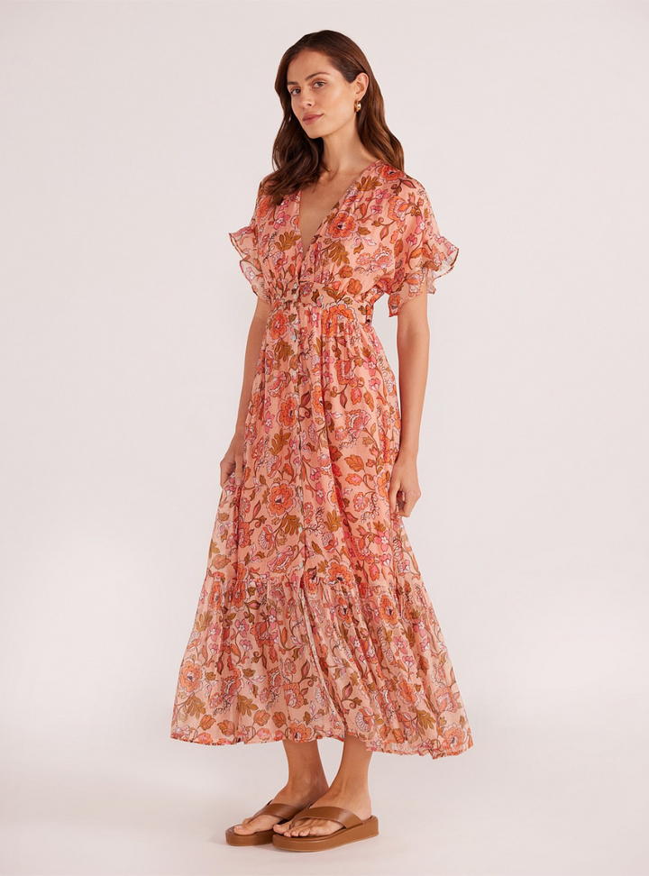 Amelia Button Down Midi Dress - Peach Floral