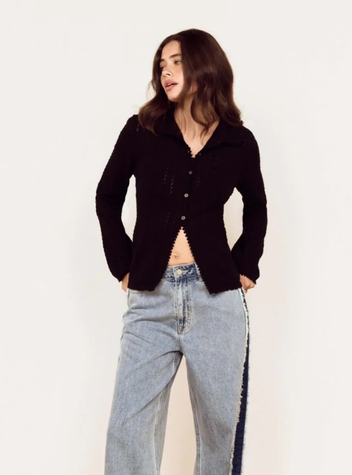 Hanna Pointelle Cardigan - Black