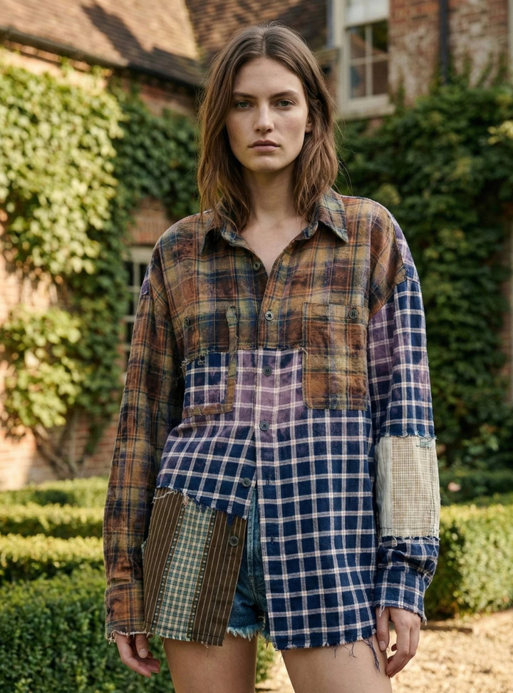 Reworked and Destroyed Mixed Check Shirt - Brown