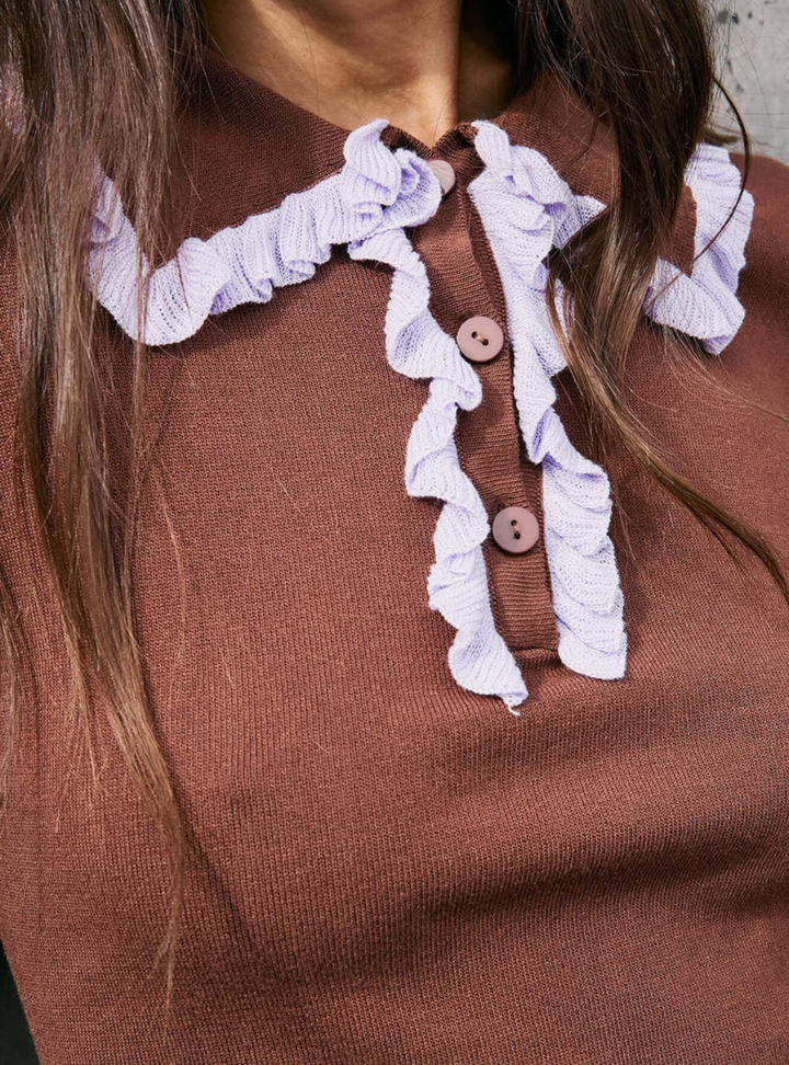 Rhea Ruffle Polo Knit Top - Chocolate/Lilac