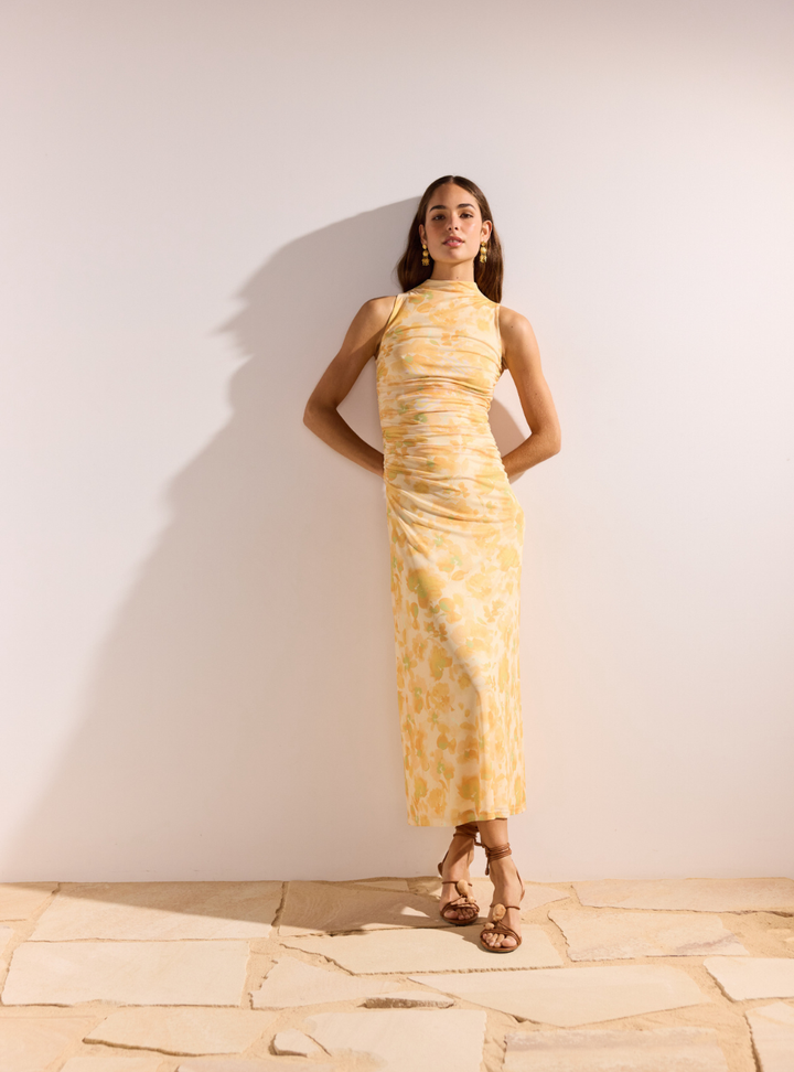 Clair Mesh Midi Dress - Orange Watercolour Floral