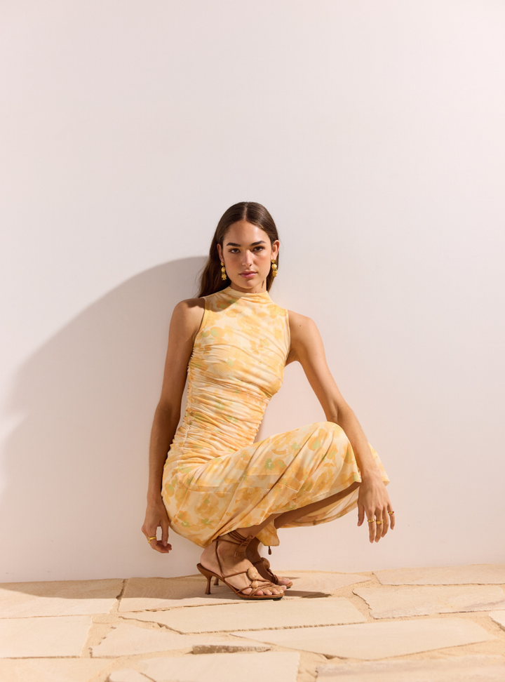 Clair Mesh Midi Dress - Orange Watercolour Floral