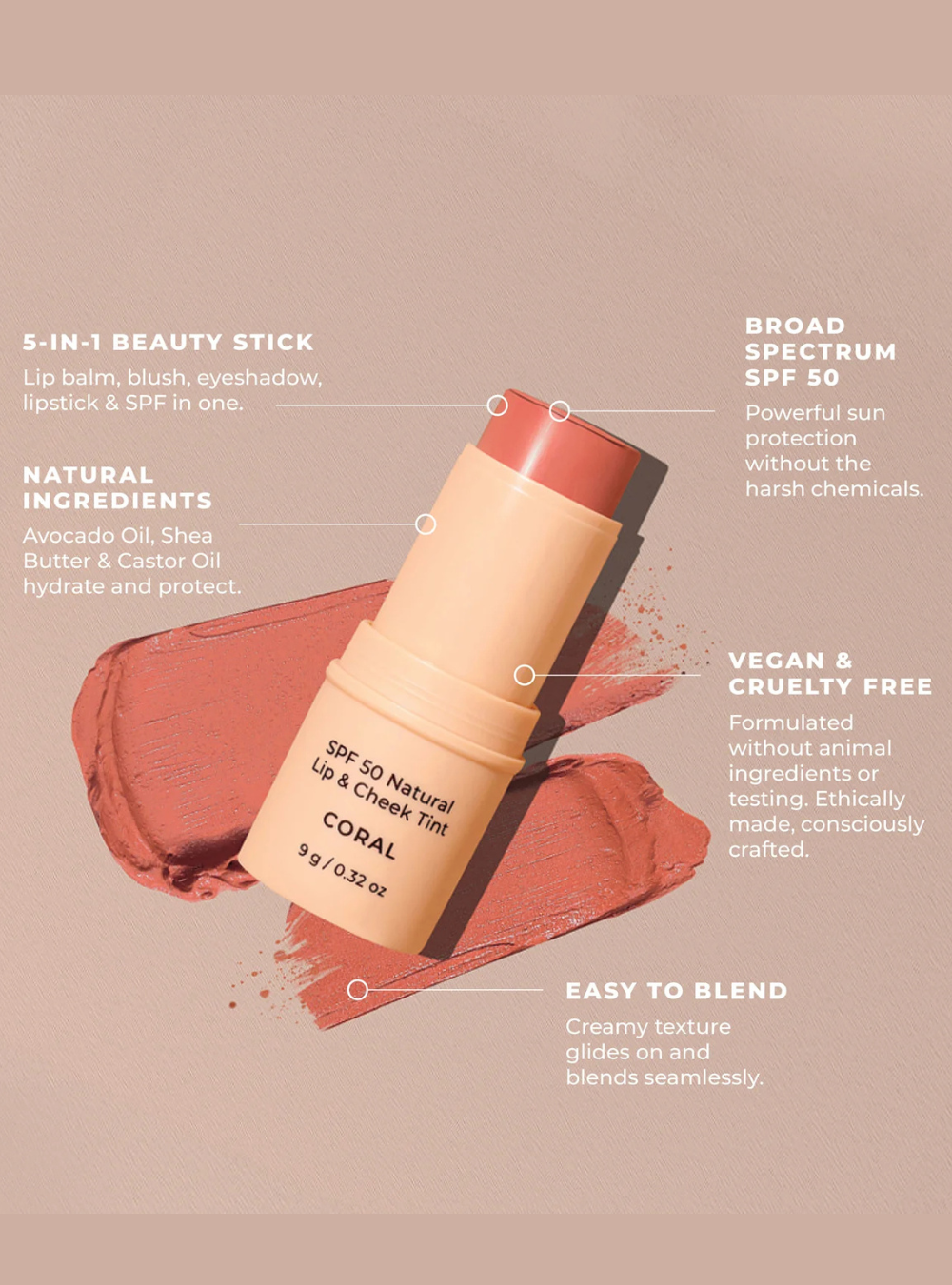 SPF 50 Natural Lip & Cheek Tint - Coral