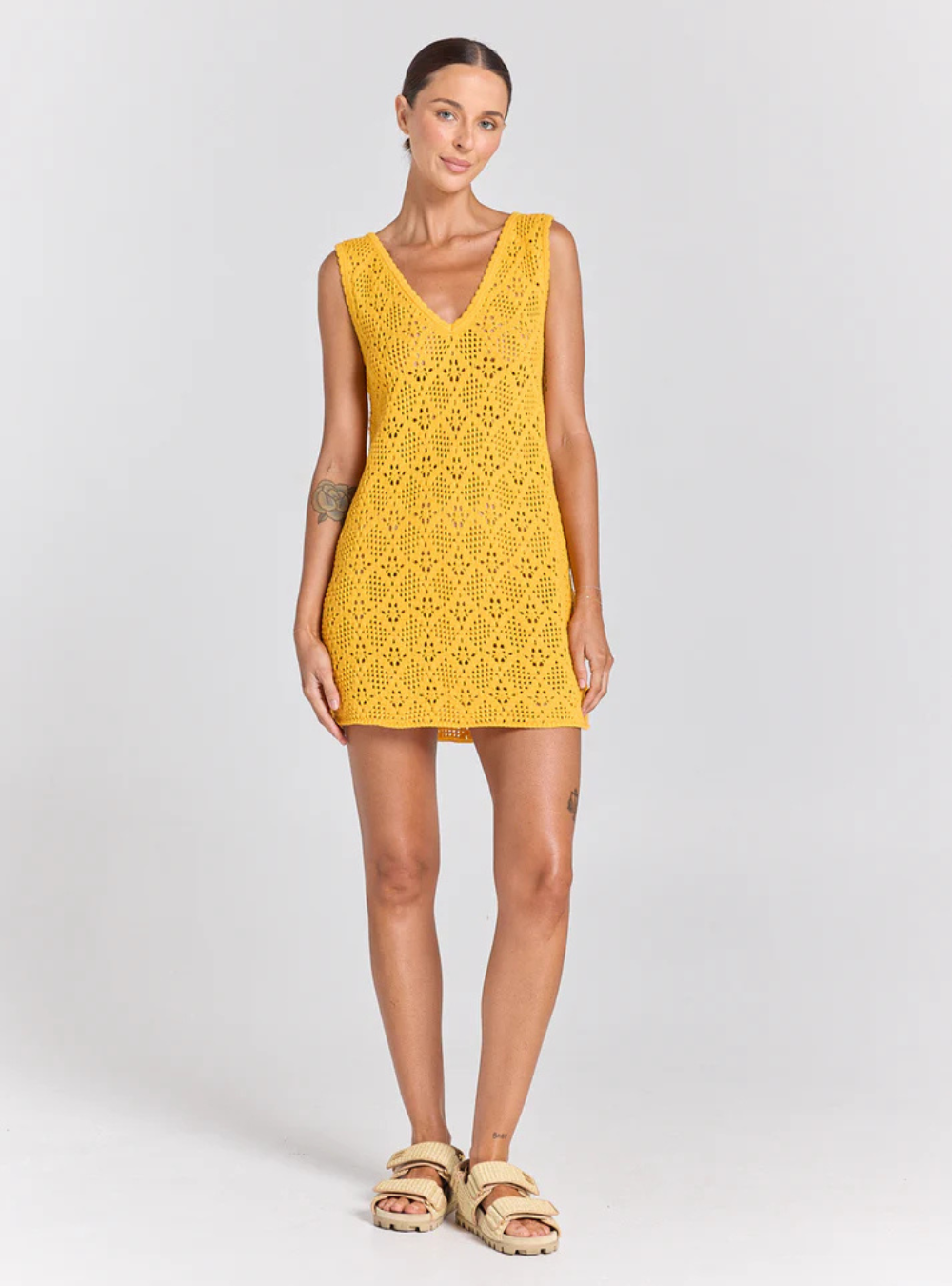 Messina V Crochet Knit Dress - Marigold