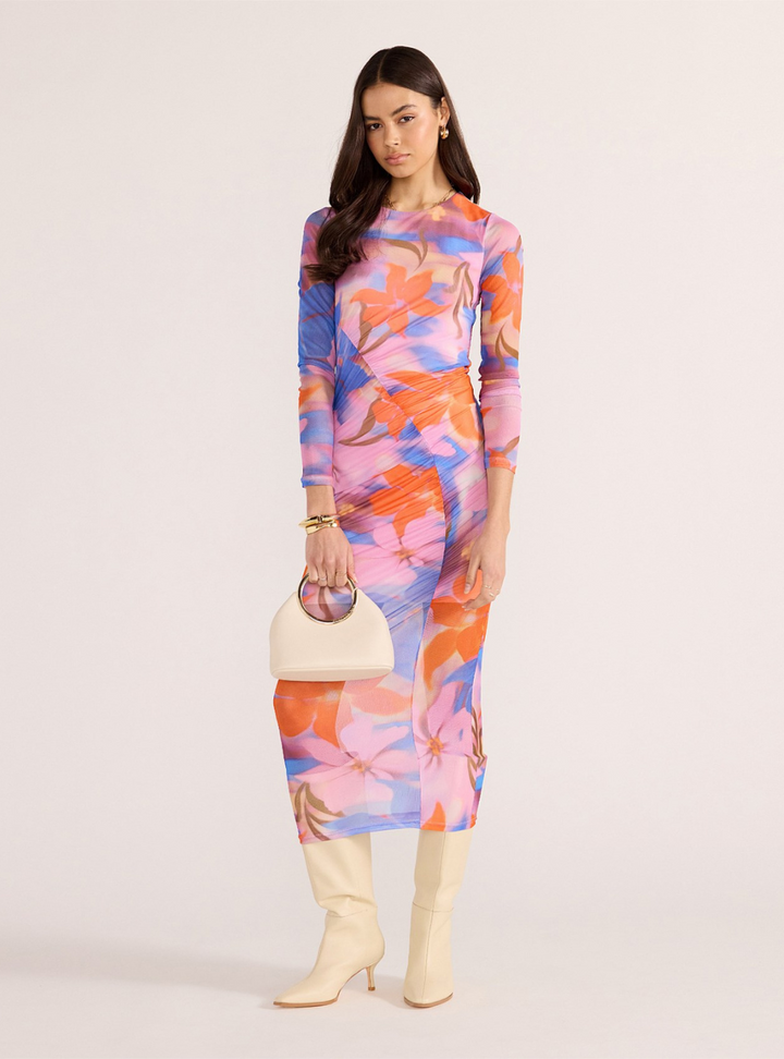 Sommer Ruched Mesh Midi Dress - Blurred Floral