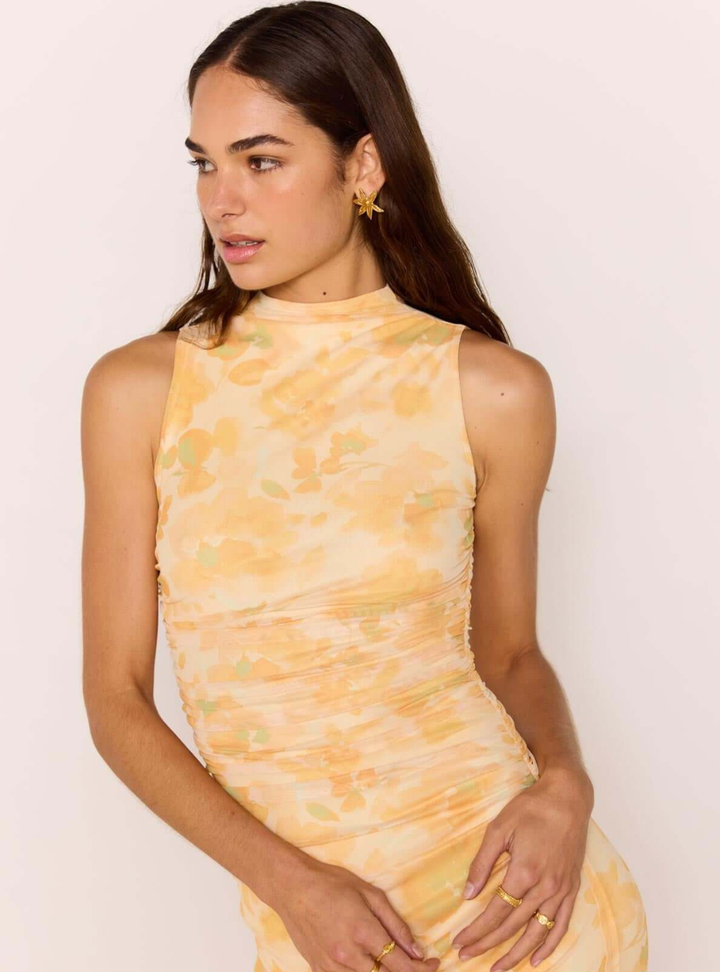 Clair Mesh Midi Dress - Orange Watercolour Floral