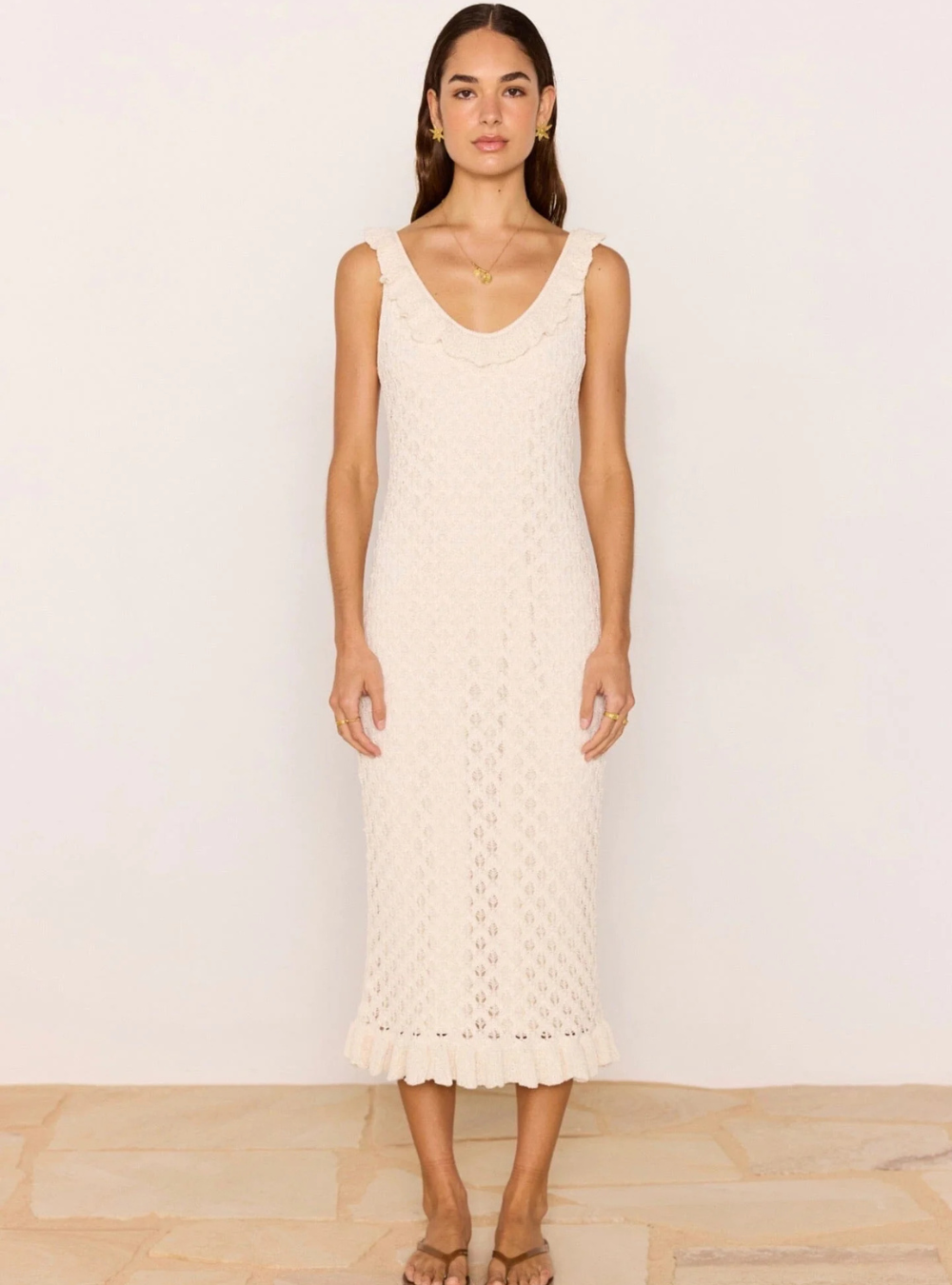 Sabine Pointelle Midi Dress - Ivory