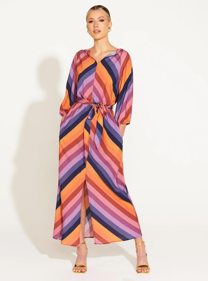 Sunset Dream Tie Waist Midi Dress - Sunset Stripe