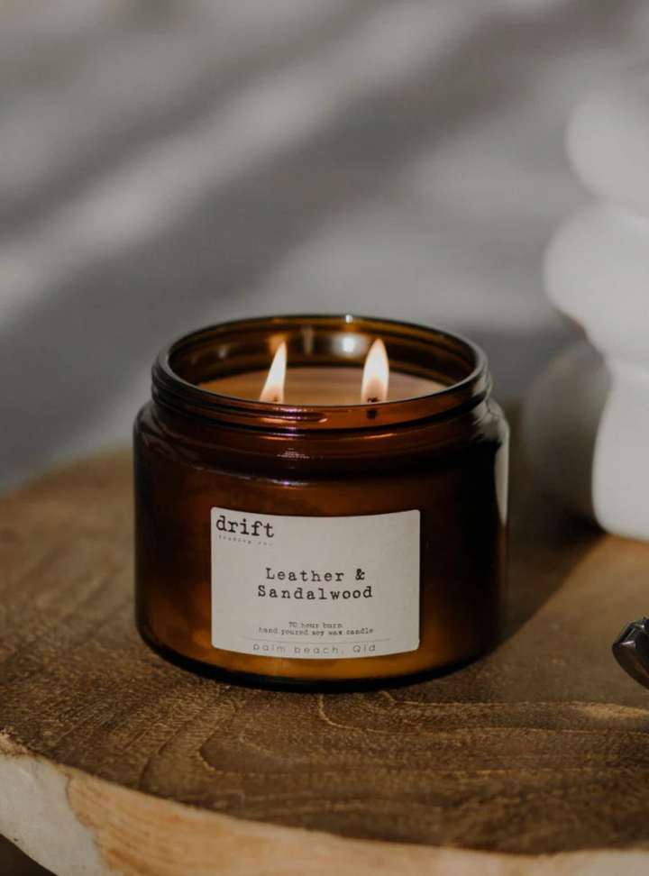 Leather and Sandalwood Candle (XL Amber)