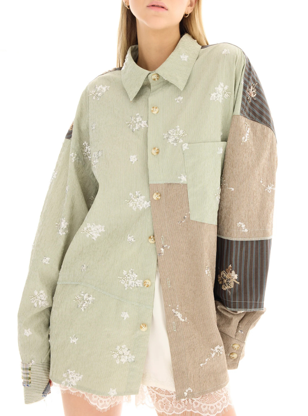 Embellished Stripe Patchwork Shirt