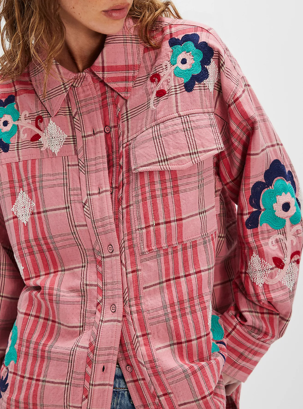 Embroidered Sashiko Shirt - Pink Combo
