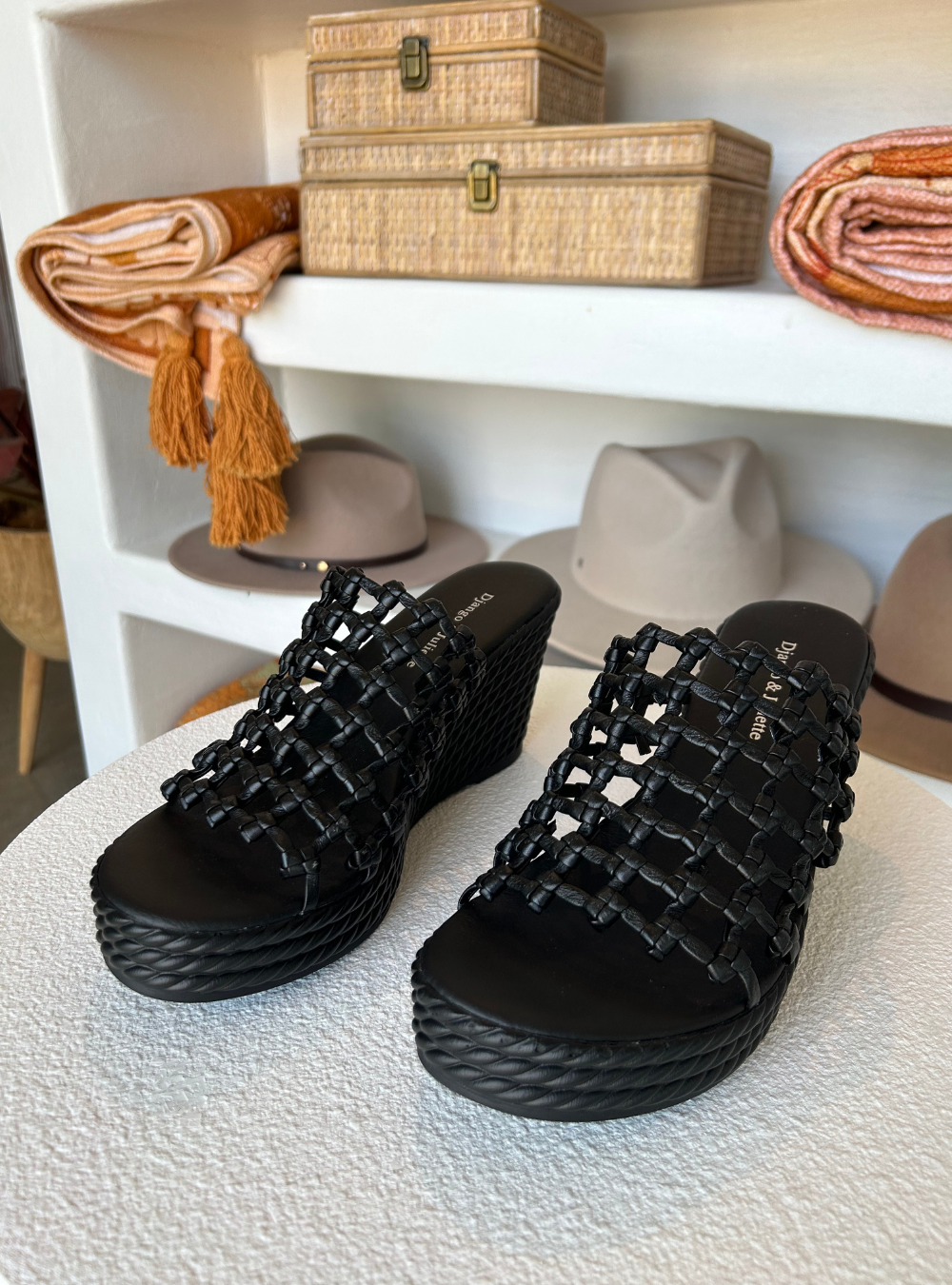 Essexx Black Leather Sandals