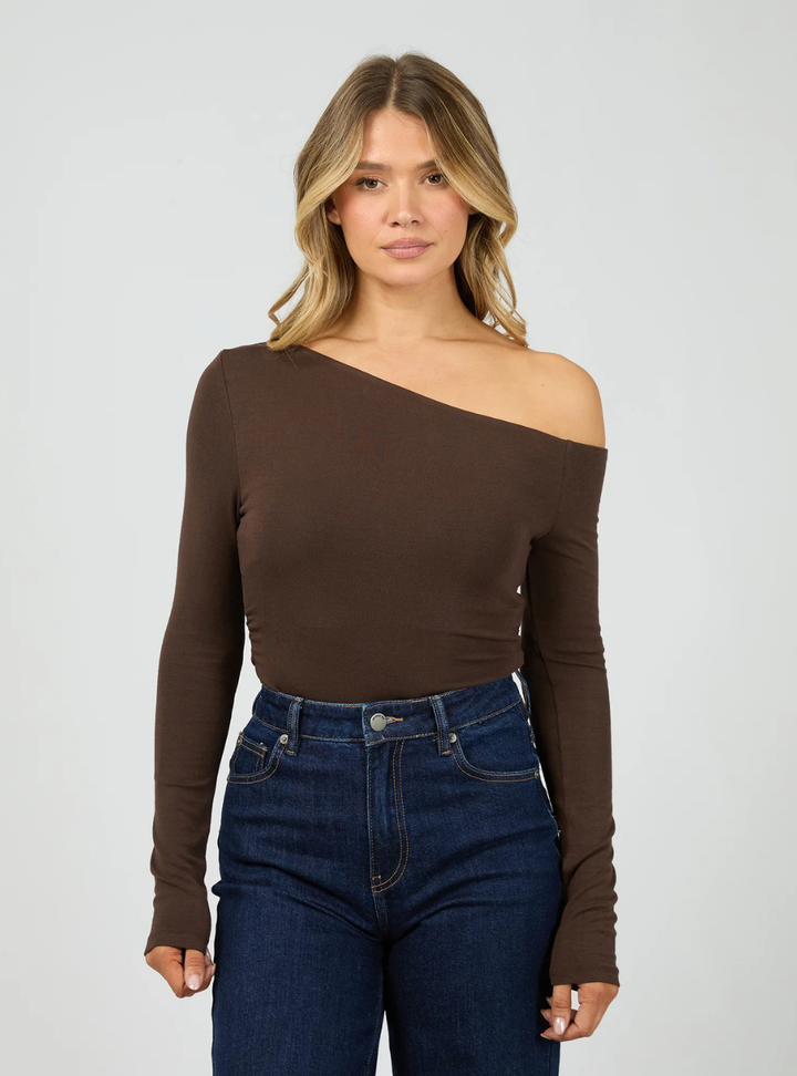 Kylie Off Shoulder Long Sleeve Top - Brown
