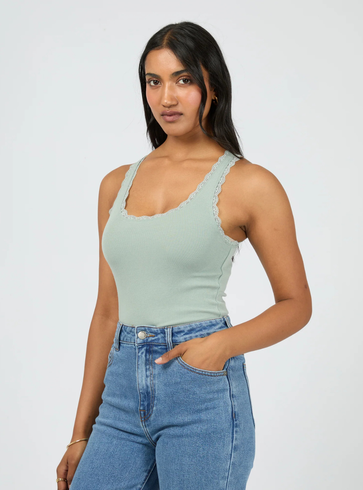 Washed Rib Lace Tank - Sage