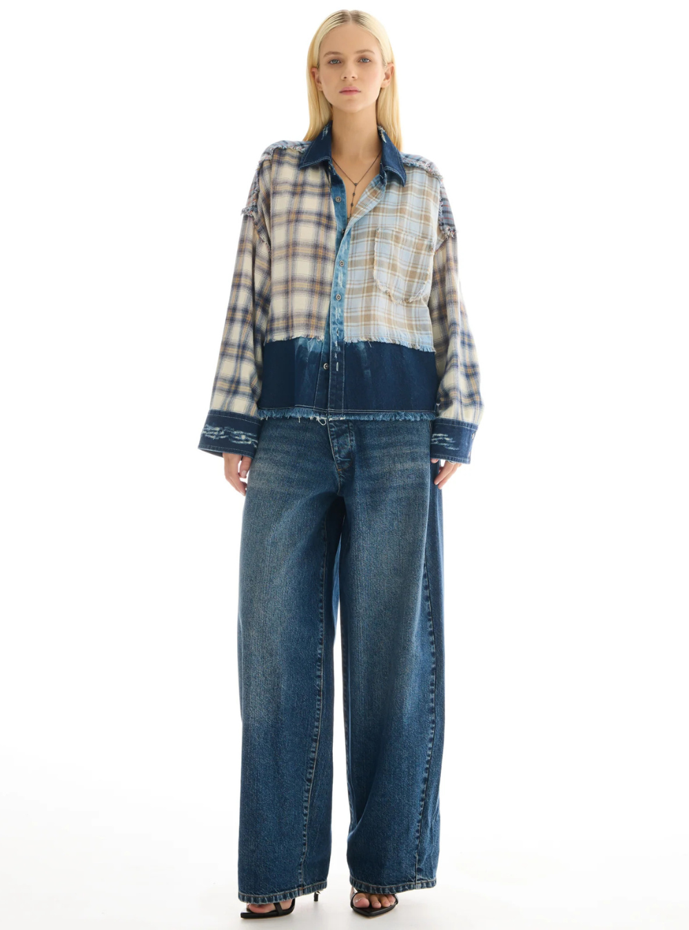 Mixed Flannel Denim Shirt - Blue