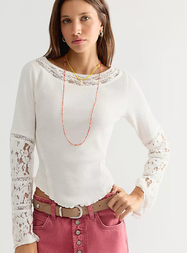 Amber Lace Cuff Long Sleeve Top - White Alyssum