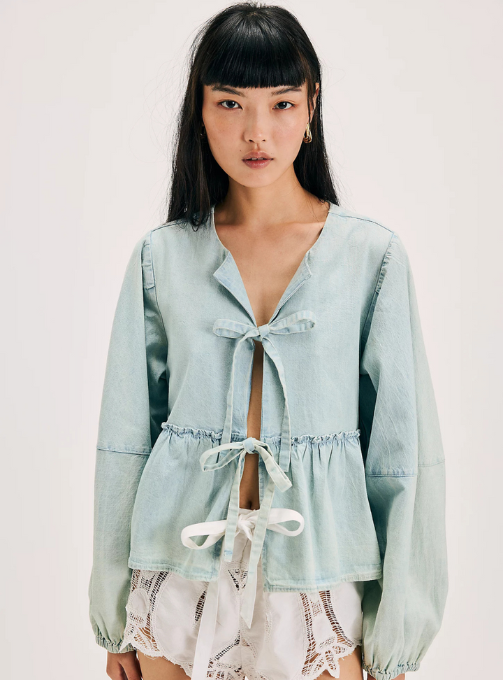 Brunch Babe Denim Blouse - Light Tint Wash