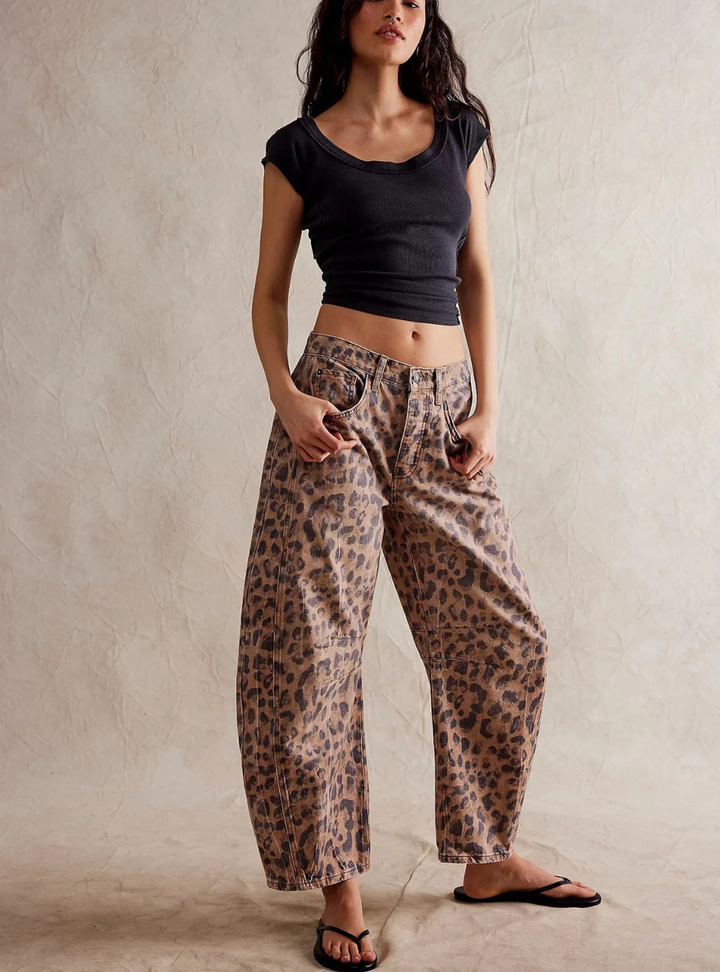 Good Luck Printed Barrel Jeans - Brown Sugar