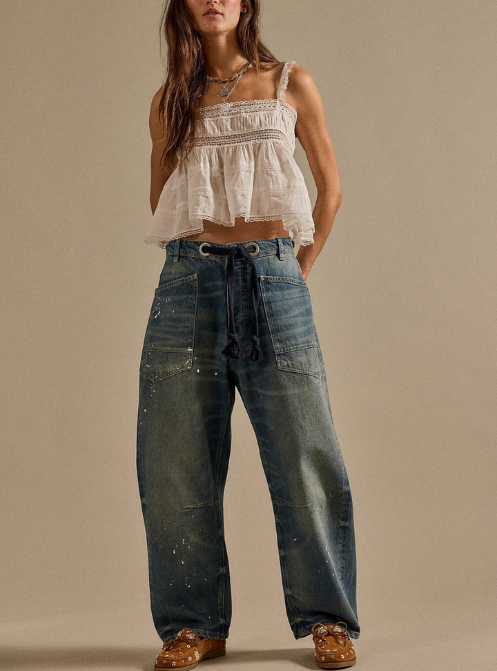Free People Moxie Pull-On Barrel Jeans - Timeless Blue