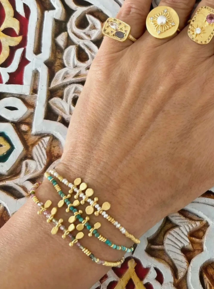 Petitte Adjustable Turquoise & Gold Beads On Silk